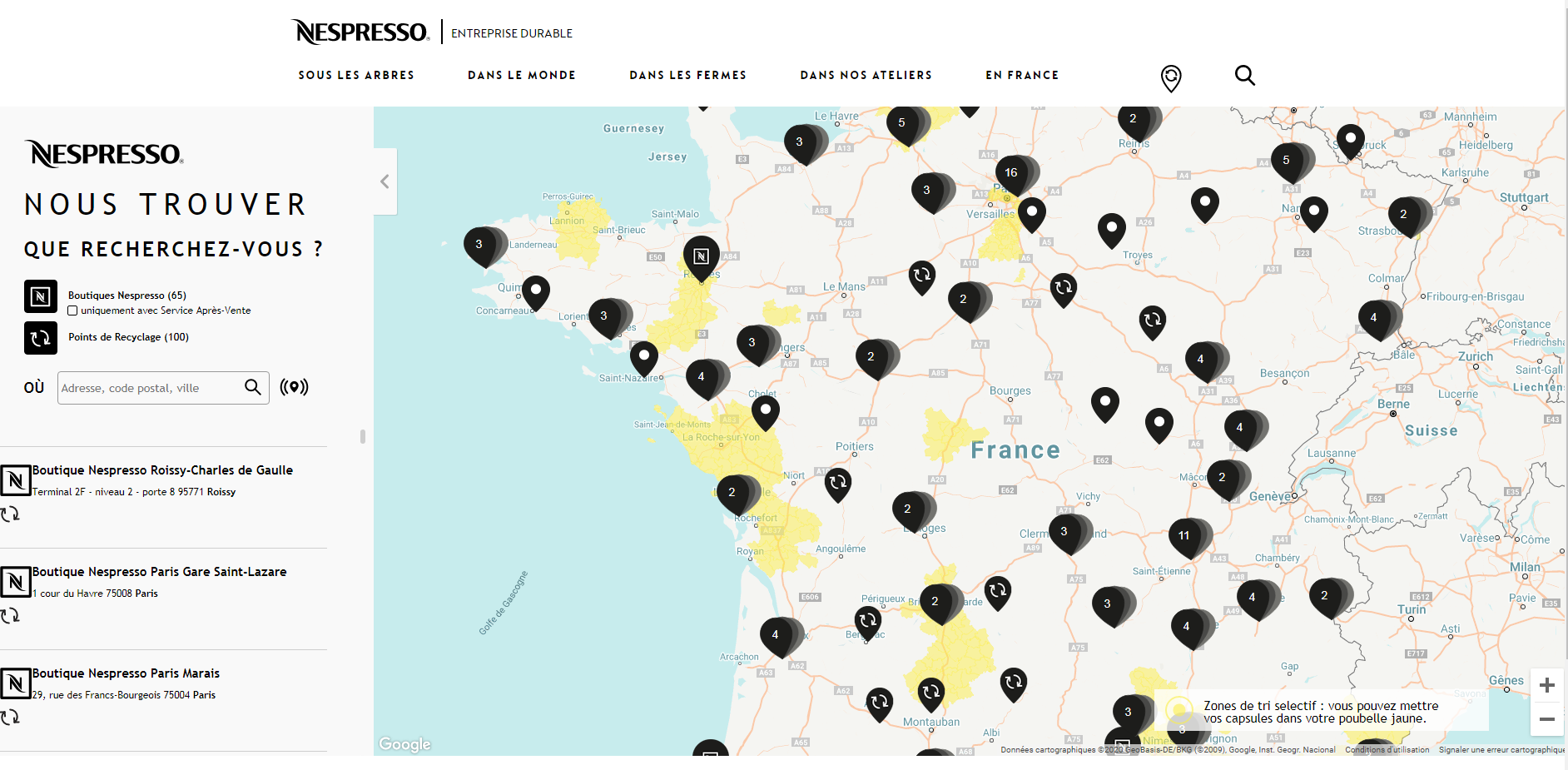 Carte de France des points de collecte Nespresso
